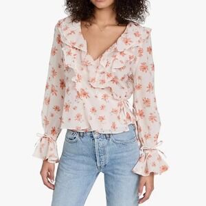 Free People Amanda Floral Print Long Bell Sleeve Ruffle Wrap Top Blouse Size S